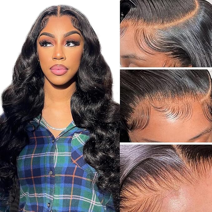 13x6 HD Transparent Body Lace Front Wigs Human hair Pre Plucked 200% Density Brazilian Body Wave Frontal Wigs Human Hair with Baby Hair Natural Hairline Natural Black Color 24 Inch