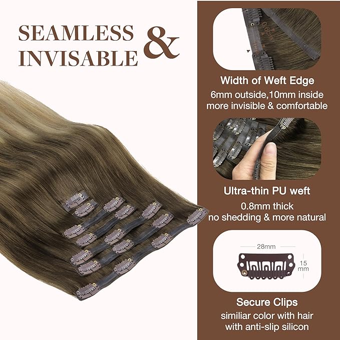 GOO GOO Clip in Hair Extensions Real Human Hair, Remy Human Hair Extensions Clip ins for Women, Natural Human Hair, 22inch 160g 7Pcs, #3/8/613 Balayage Walnut Brown to Ash Brown and Bleach Blonde