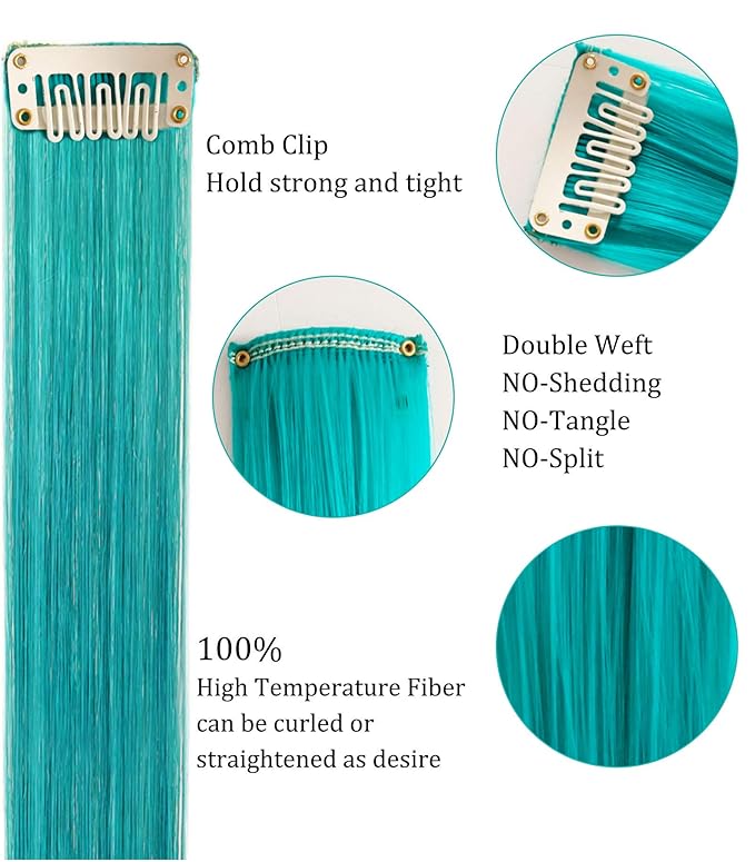 Bright Blue&Blue Wig Pieces Colorful Party Highlights Clip in Coloured Hair Extensions Multicolors Straight Synthetic Hairpieces for Women Kids Girls