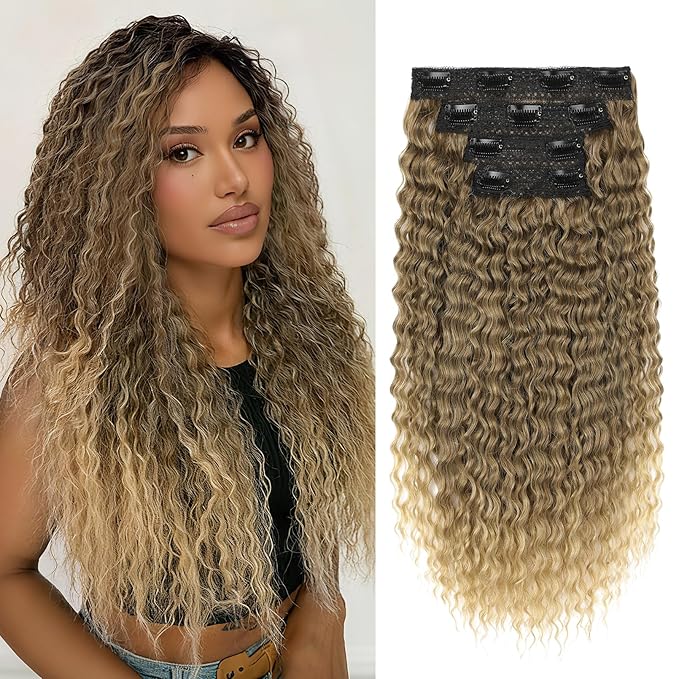REECHO Hair Extensions - 4PCS 20" Water Wave Clip in Hair Extensions 100% Super Protein Silky Soft Natural Look with Invisible Lace Weft Hairpieces for Women - Light Golden Brown with Lighter Ends