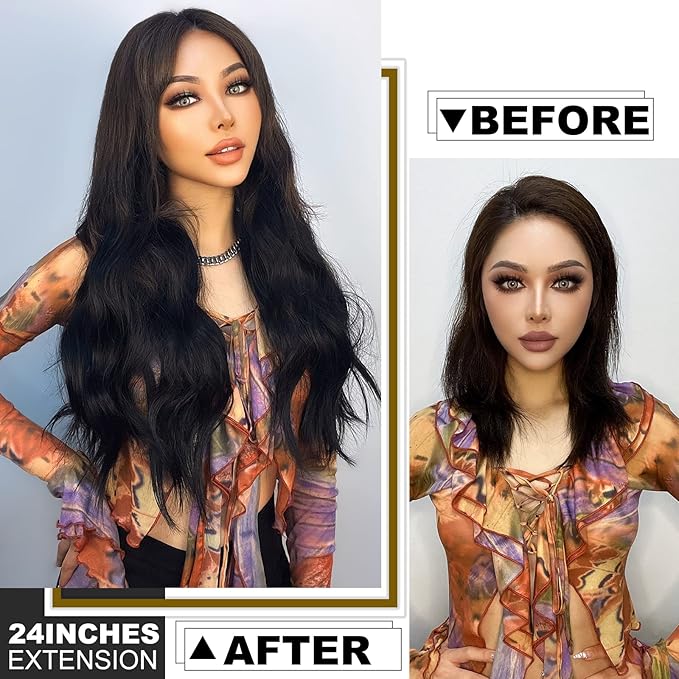 Vigorous Dark Brown Hair Extension 24InchLong Clip in Hair Extensions 4Pcs Thick Long Wavy Synthetic Hairpieces for Women