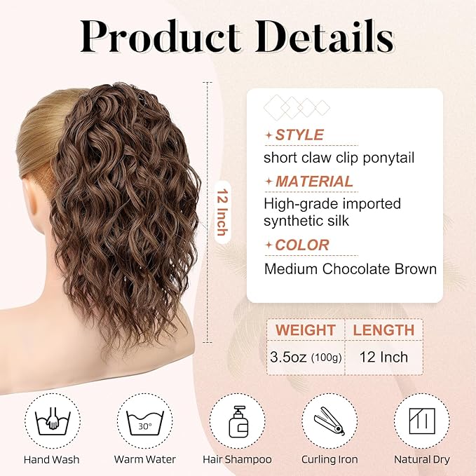 Flufymooz Ponytail Extension, 12" Short Claw Ponytail Extension Wavy Curly Jaw Clip in Pony tails Hair Extension Natural Synthetic Hairpiece for Women (Medium Chocolate Brown)