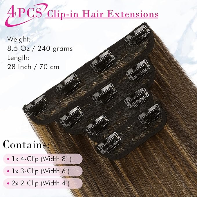 REECHO 28" Straight Long 4 PCS Set Thick Clip in on Hair Extensions -Dark Brown with Highlights