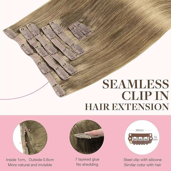 GOO GOO Clip in Hair Extensions Real Human Hair, Remy Human Hair Extensions Clip ins for Women, Natural Human Hair, 18inch 110g 7Pcs, 7 Bronde