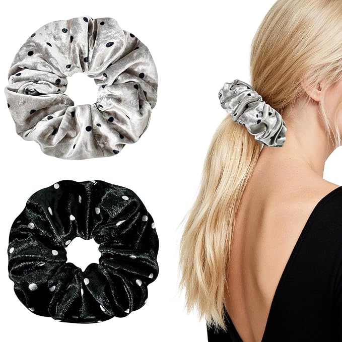 2-Piece Velvet Hair Scrunchies, Big Non Slip Polka Dot Hair Ties for Daily Styling, Parties & Workouts, No Damage Scrunchy Ponytail Holders Hair Accessories for Women & Girls (Black & Gray)
