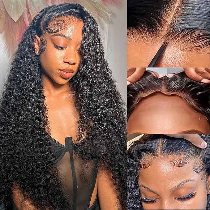 Wear and Go Glueless Wigs Human Hair Pre Plucked Pre Cut 5x5 HD Closure Wigs Human Hair Deep Wave Lace Front Wigs for Black Women 210% Dentisy 12A Deep Curly Glueless Wig Bleached Knots (28 Inch)