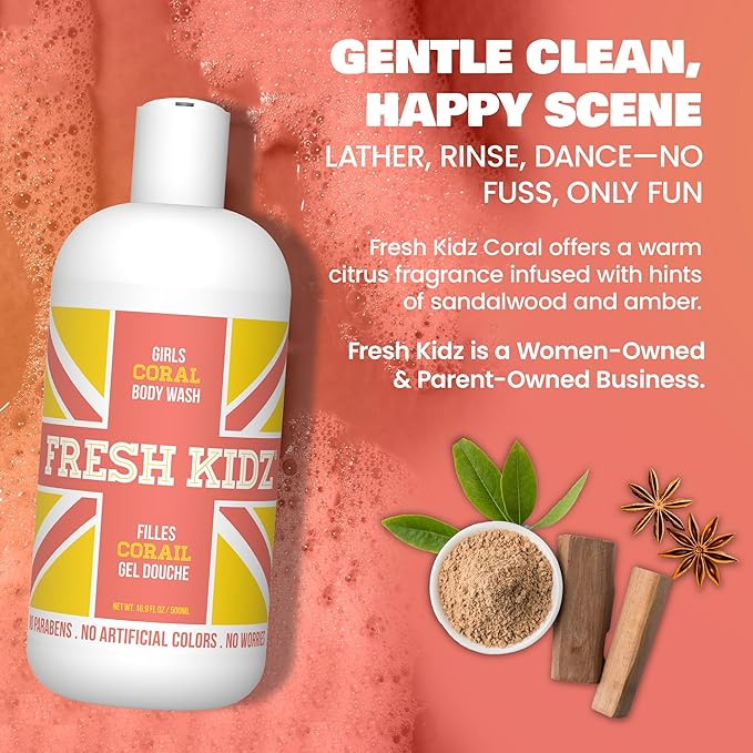 Fresh Kidz Body Wash 16.9 fl.oz. and Stick Deodorant 2.65 oz for Kids and Teens - Girls "Coral" Set
