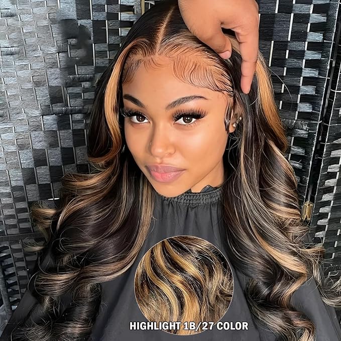 13x6 Balayage Highlight Lace Front Wig Human Hair 13x6 HD Lace Front Wigs Human Hair Pre Plucked Ombre Body Wave Wig 200% Density FB/27 Colored Frontal Wigs Glueless Wigs for Women 26 Inch