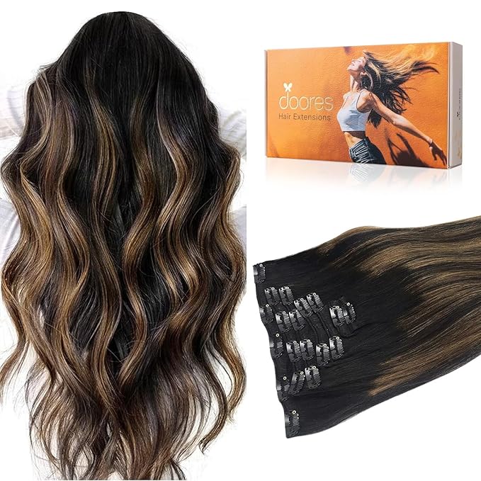 DOORES Hair Extensions Clip in Balayage Natural Black to Chestnut Brown Human Hair Extensions Clip in Remy Extensions Real Natural Hair Extensions Straight 7pcs 24 Inch 120g