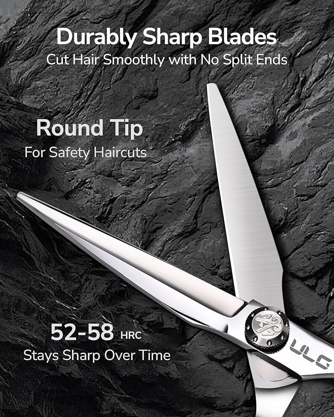 Professional Hair Cutting Scissors for Home & Salon – ULG 6.5" Premium Barber Shears with Adjustable Tension, Offset Handle, Ergonomic Grip & Sharp Stainless Steel Blades for Women, Men & Kids, Silver