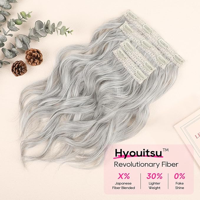 REECHO Clip in Hair Extensions - 14" Short Beach Wavy Hairpieces - Invisible Lace Weft - Natural Soft - Silver Grey