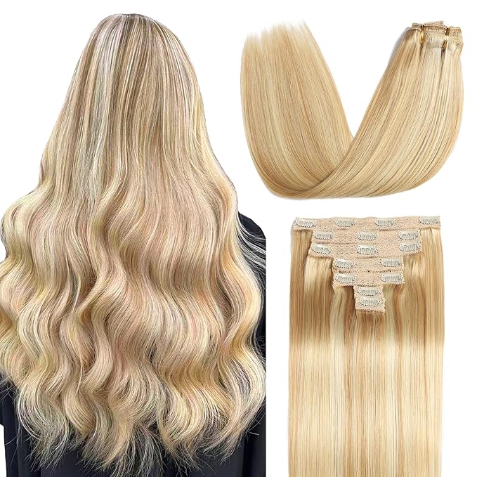Sisily Clip in Hair Extensions Real Human Hair, Premium Human Hair Clip in Extensions Dirty Blonde to Bleach Blonde Highlight, Soft Straight Hair Extensions Real Human Hair Clip ins 7PCS （14 Inch）