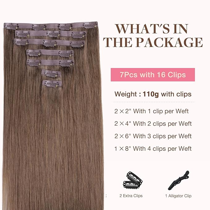GOO GOO Clip in Hair Extensions Real Human Hair, Remy Human Hair Extensions Clip ins for Women, Natural Human Hair, 26inch 180g 7Pcs, #5 Light Ash Brown