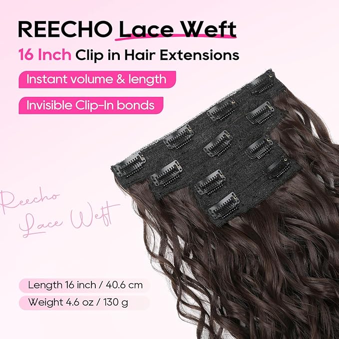 REECHO Curly Hair Extensions, 4PCS 16 inch Clip in Hair Extensions Lace Weft Short Curly Hair Extensions Clip Ins Invisible Natural Hairpieces for Women, Chocolate Brown
