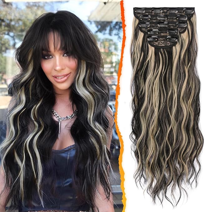 BARSDAR Black and Blonde Clip in Hair Extensions - Black Blonde Highlights Long Wavy Clip in Hair Extensions for Women - 20 Inch 5 PCS Thick Soft Synthetic Hairpieces Daily Party Halloween