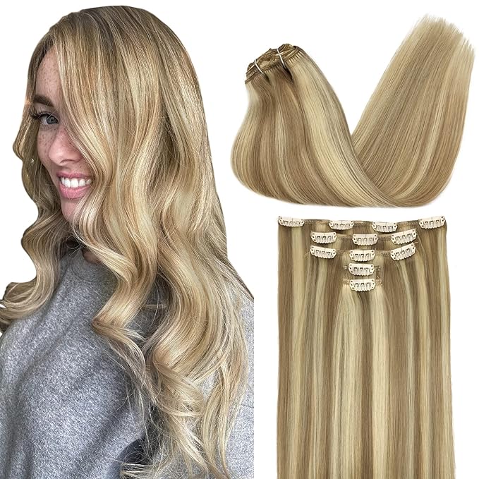 DOORES Hair Extensions Clip in Human Hair, 5pcs 80g Light Blonde Highlighted Golden Blonde Balayage 18 Inch Real Clip in Extensions Remy Hair Extensions Natural Straight