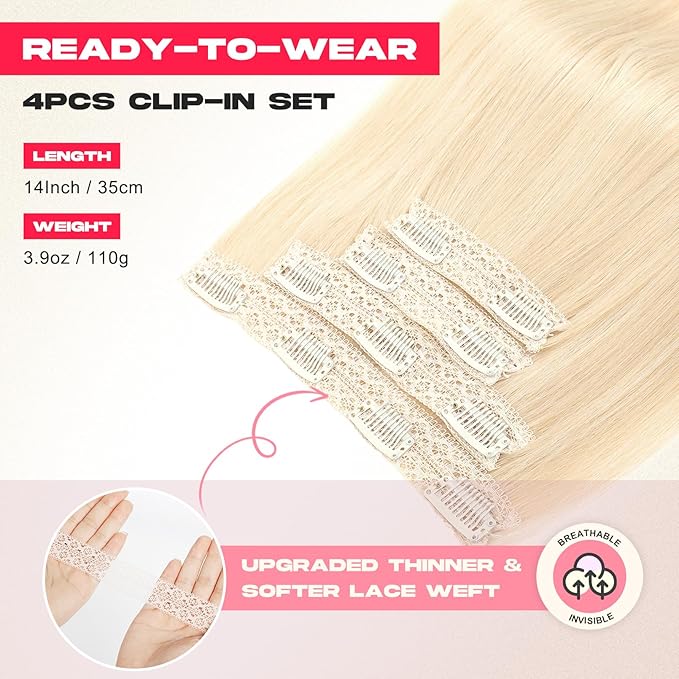 Hair Extensions, 14" Short Clip in Hair Extensions 4PCS Straight Natural Soft Synthetic Hairpiece for Women - Light Blonde