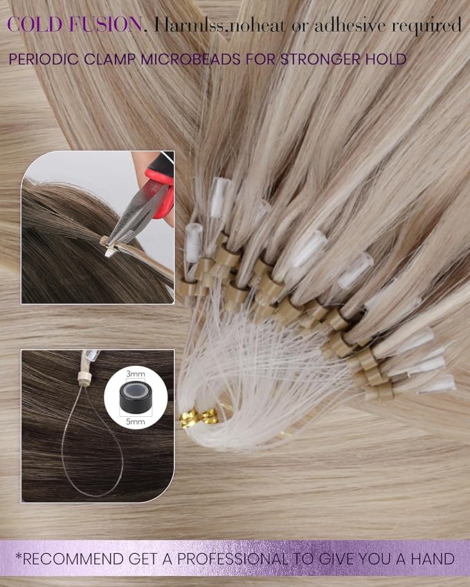 LaaVoo Micro Link Hair Extension Human Hair Ash Blonde Highlights Bleach Blonde Micro Loop Extensions Blonde Microlinks Hair Extensions Human Hair 50s/50s 18inch