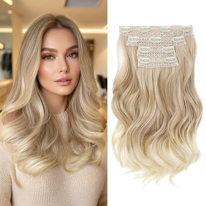 HOOJIH Clip in Hair Extensions 4PCS 14" Short Curly Clip on Hair Extensions Invisible Lace Weft Natural Soft Hairpieces for Women - Ombre Deep Blonde and Light Blonde