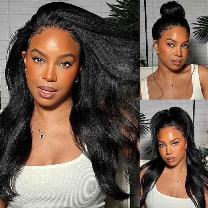 Julia Hair Bye Bye Knots Glueless Wig Yaki Human Hair Lace Wig Invisible Knots Put On and Go Pre Cut 7x5 Lace Front Wigs for Beginners Pre Bleached Pre Plucked No Glue150% Density 26 Inch