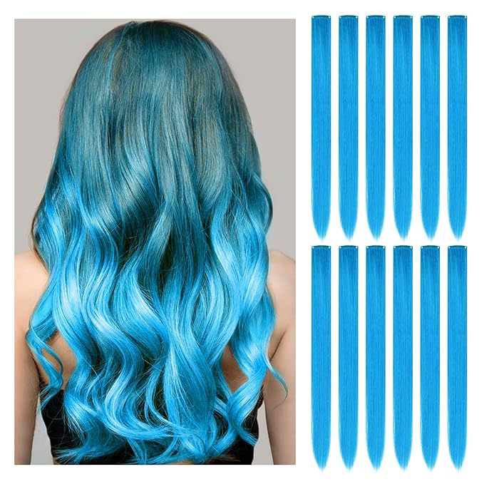 12 PCS Blue Hair Extensions Clip in, 22" Colored Highlights, Synthetic Straight Hair Piece DIY Accessories for Daily Party (LightBlue)