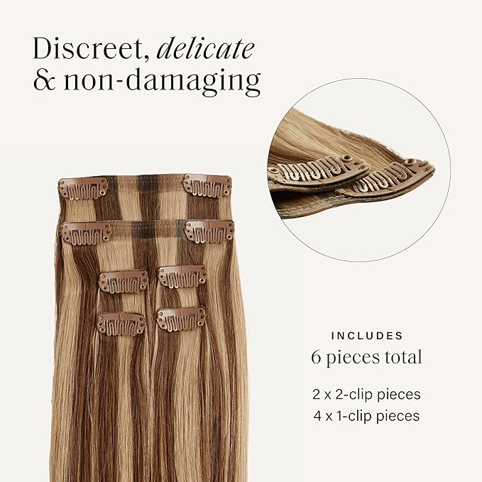 Luxy 100% Remy Human Hair Extensions for Thin Hair Thinning Hair Fill-Ins – 6 Seamless Wefts Multi-Dimensional Color Blend - Natural-Looking Volume & Coverage 95 grams 20" Chestnut Brown Highlights