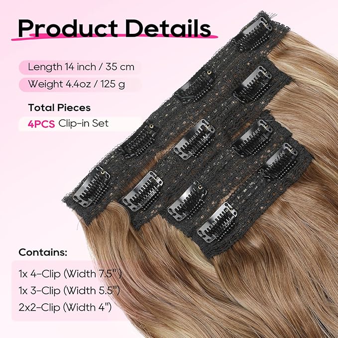 REECHO Clip in Hair Extensions - 4PCS 14" Beach Wavy Hairpieces with Invisible Lace Weft - Natural Soft, Light Brown with Highlights