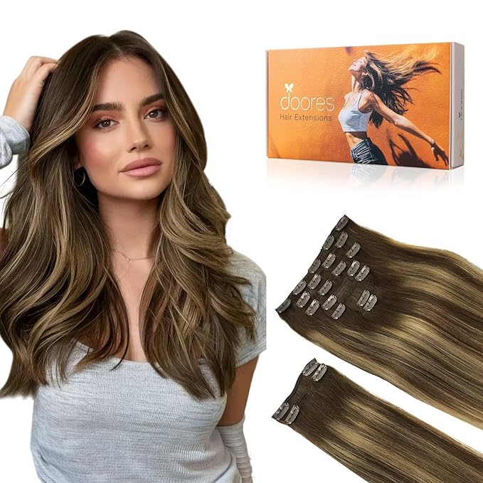 DOORES Clip in Hair Extensions, Balayage Chocolate Brown to Caramel Blonde 150g 9pcs 22 Inch Remy Human Hair Extensions, Natural Straight Thick