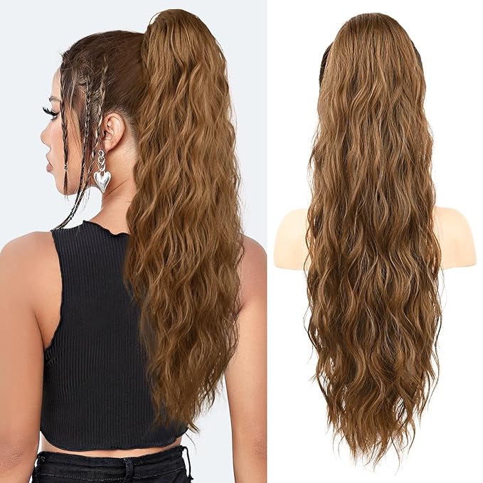Flufymooz Ponytail Extension, 26 Inch Drawstring Ponytail Hair Extensions for Women， Long Curly Wavy Pony Tail Natural Wavy Synthetic Hairpiece for Women Daily Use party (26 Inch Dirty Blonde)