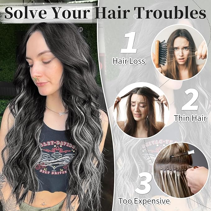 KooKaStyle Invisible Wire Hair Extensions with Transparent Headband Adjustable Size 4 Secure Clips Long Wavy Secret Wire Hairpiece 20 Inch for Women(Black with Smokey Silver)