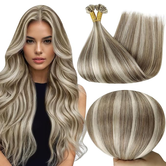 Full Shine U Tip Hair Extensions Real Human Hair 22 Inch Keratin Tip Hair Extensions Brown with Blonde Highlighted Fusion Extensions 50 Grams Natural Human Hair