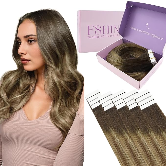 Fshine Tape in Hair Extensions Ombre Darkest Brown Fading to Brown and Caramel Blonde 14 Inch Soft Remy Tape in Extensions Human Hair for Women 20 pcs 50 g,Designed to Boost Volume & Length