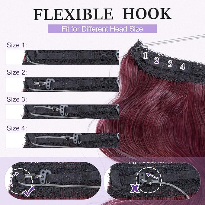 Halo Hair Extensions Real Human Hair,Halo Hair Extension 100% Human Hair,Wire Hair Extensions,Wavy 99J Burgundy Wine Red 65g/16inch
