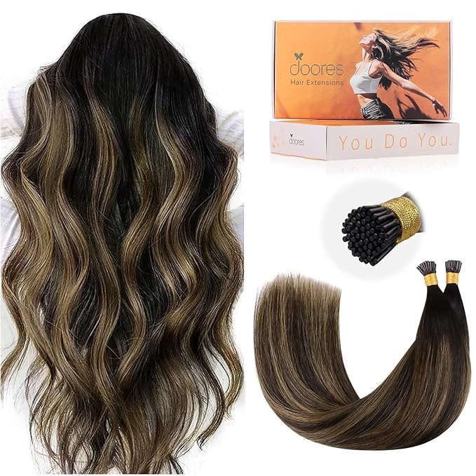 DOORES I Tip Hair Extensions Human Hair,14 Inch 100g 200s Itip Human Hair Extensions,Natural Black to Chestnut Brown I Tip Hair Extensions,Virgin Human Hair Extensions