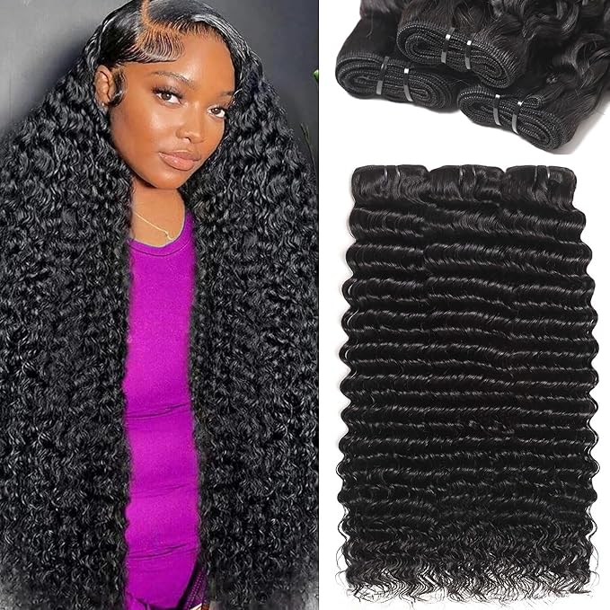 12A Deep Wave Bundles Human Hair 3 Pcs 24 26 28 Inche Brazilian Deep Cury Bundles Human Hair 100% Unprocessed Brazilian Virgin Hair Wet and Wavy Natural Black Women Hair Extensions