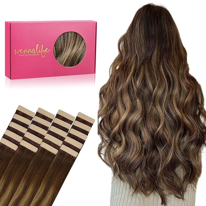 WENNALIFE Tape in Hair Extensions Human Hair, 20pcs 50g 18 inch Balayage Chocolate Brown to Caramel Blonde Remy Hair Extensions Straight Human Hair Tape in Extensions Skin Weft Tape Extensions