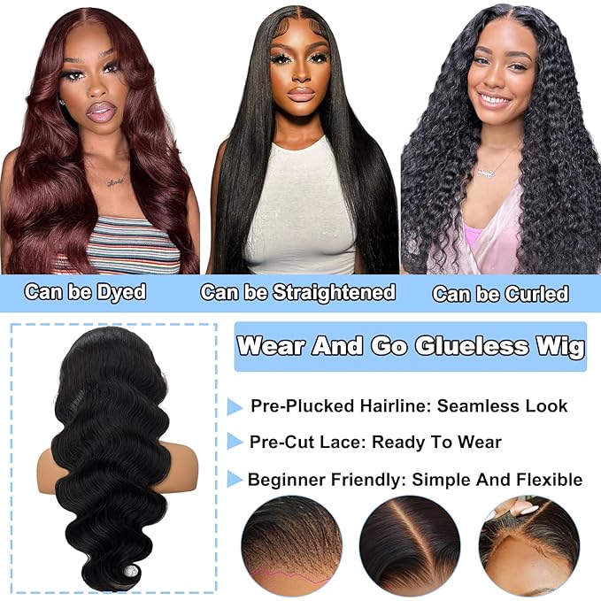 6x4 Wear and Go Wig 210% Density, 100% Human Hair, [2-year life] Body Wave Glueless Closure Wigs Human Hair Pre Plucked Pre Cut Middle Part, 28 Inch