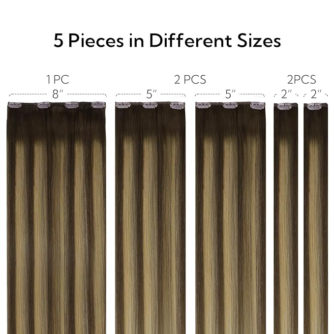 HOTBANANA Clip in Hair Extensions Real Human Hair, 5Pcs 70g 18 Inch Chocolate Brown Mixed Caramel Blonde Balayage Straight Remy Clip in Extensions
