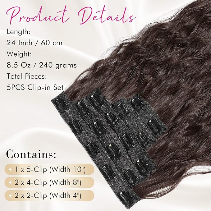 Clip in Hair Extensions, REECHO 5PCS Brown Hair Extensions 24" Thick Long Loose Waves hair extensions HE002 Invisible Lace Weft Natural Soft Hairpieces for Women – Dark Brown