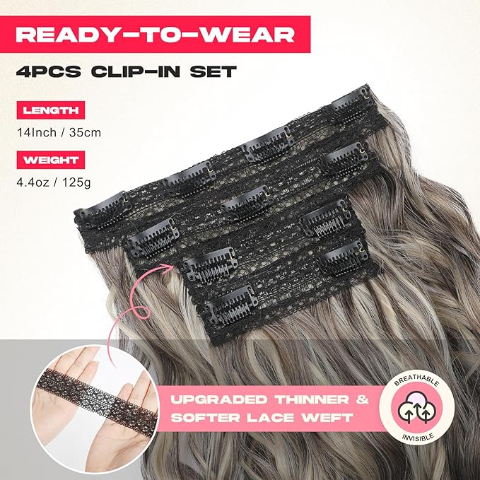 Hair Extensions, 14" Short Clip in Hair Extensions 4PCS Beach Wave Blonde Natural Soft Synthetic Hairpiece for Women - Ash Brown with Highlights