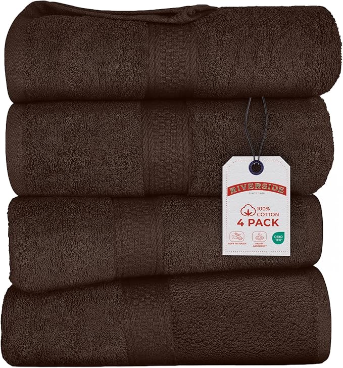 RIVERSIDE 100% Ring Spun Cotton Large Bath Towels Set of 4, 27 x 54 Inches – Quick Dry, Soft & Highly Absorbent Towels for Shower & Bathroom – Luxury 600 GSM Towels for Home, Spa, Gym, Hotel, Brown