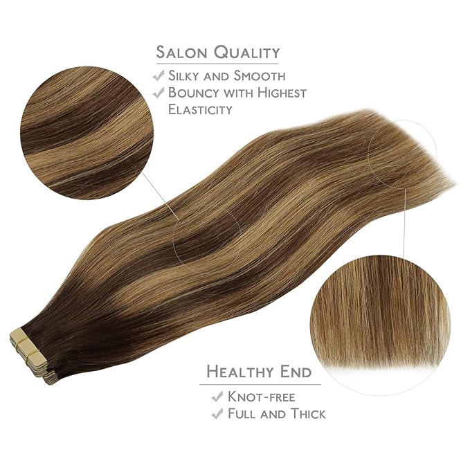 WENNALIFE Tape in Hair Extensions, 20pcs 20 Inch 50g Balayage Chocolate Brown to Caramel Blonde Remy Human Hair, Coloured Tape Extensions