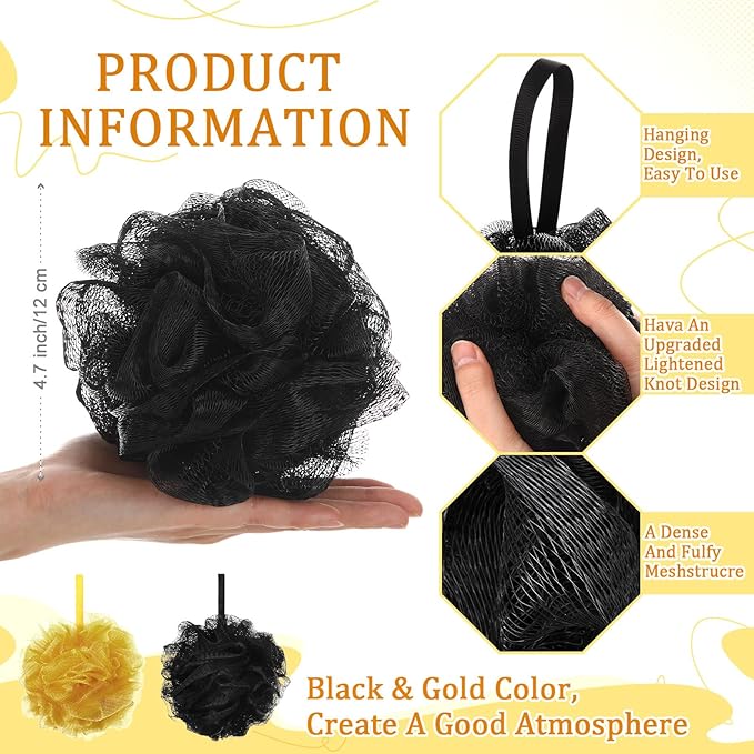 12 Pcs Christmas Bath Loofah Sponge Red Green Loofah Exfoliating Body Scrubber Shower Sponge 50g Mesh Shower Pouf Balls Gift Set for Women Men Bathing Accessories(Gold and Black)