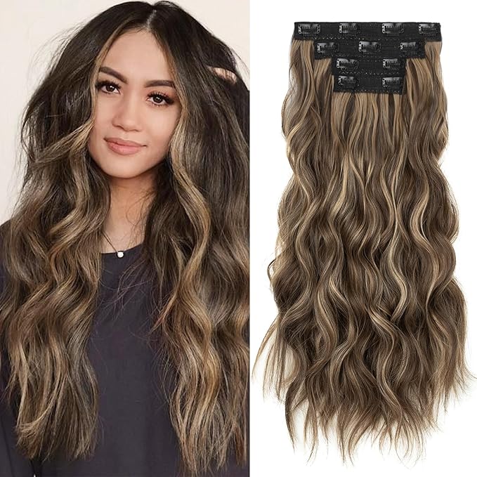 REECHO Hair Extensions, 4PCS Clip in Hair Extensions 24" Thick Long Brown hair extensions HE003 Invisible Lace Weft Natural Soft Synthetic Hairpieces for Women – Chocolate Brown with Blonde Highlights