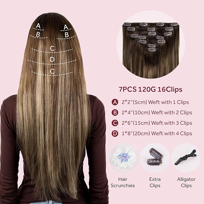 Clip in Hair Extensions Real Human Hair, Invisible Clip In Hair Extensions 100% Human Hair, Balayage Chocolate Brown to Caramel Blonde #4TP27/4 20Inch 120G 7PCS
