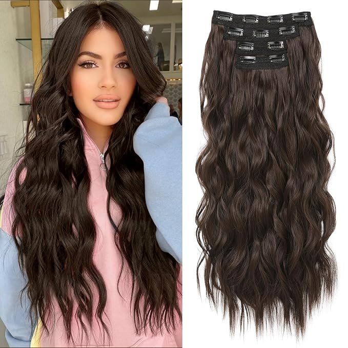 REECHO Clip in Hair Extensions, 4PCS Blonde Hair Extensions 24" Thick Long Beach Waves hair extensions HE003 Invisible Lace Weft Natural Soft Hairpieces for Women – Chocolate Brown