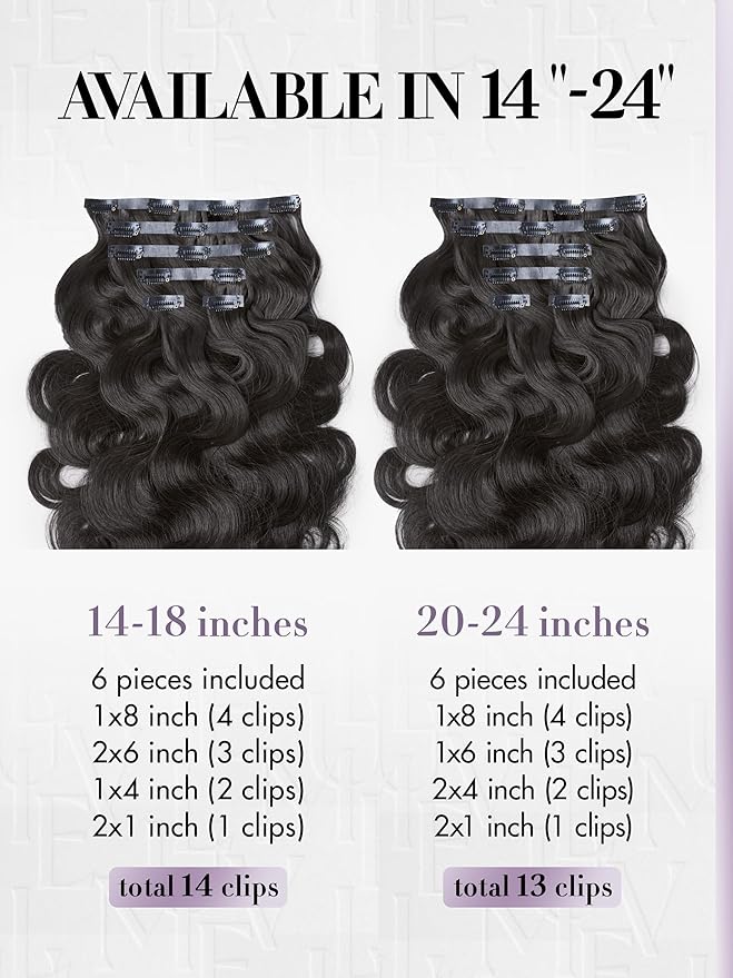 LUVME Invisible Clip in Hair Extensions Body Wave Real Human Hair, Remy Hair Clip ins for Women, Natural Human Hair, 14 inch 110g 6Pcs, Natural Black