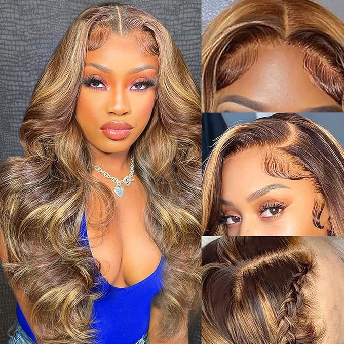 Aicrelery 4/27 Highlight 13x6 Lace Front Wigs Human Hair 13x6 Honey Blonde HD Lace Front Wig Pre Plucked with Baby Hair 180% Density Highlight Ombre Body Wave Lace Frontal wig for Women 20 Inch