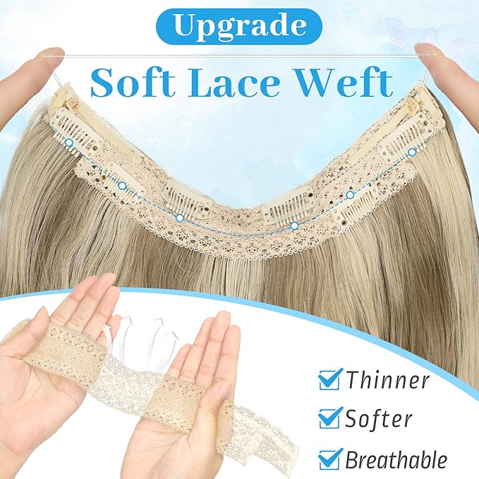 KooKaStyle Invisible Wire Hair Extensions Long Wavy Layered Synthetic Hairpieces with Transparent Wire Adjustable Size 6 Secure Clips Light Blonde Mixed Bleach Blonde for Women 20 Inch