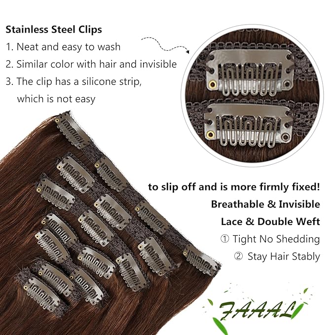 16" Clip in Human Hair Extensions Full Head 130g 7 Pieces 16 Clips 4# Chocolate Brown Double Weft Brazilian Real Remy Hair Extensions Thick Straight Silky (16",130g Chocolate Brown)